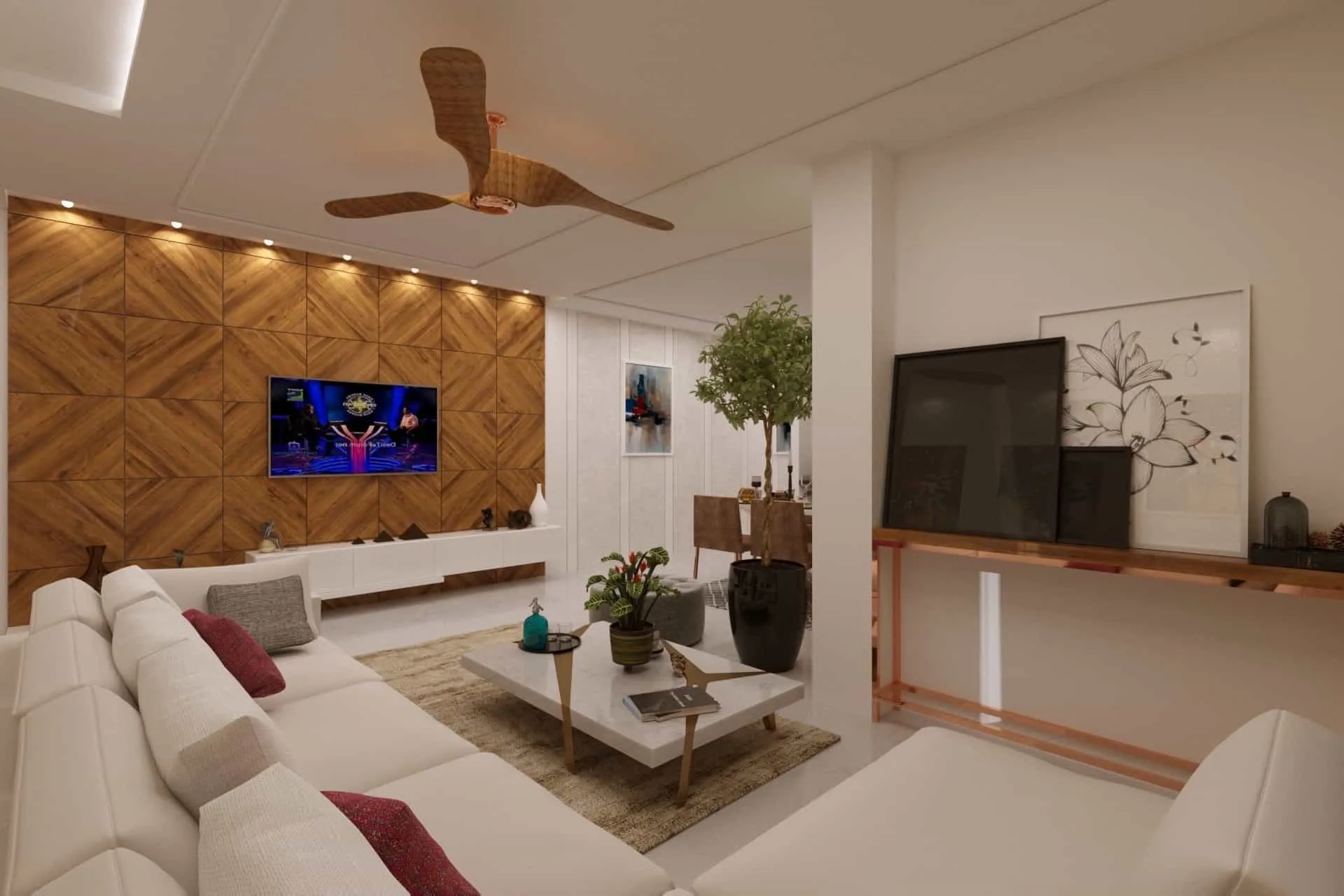 Warm, modern living room designed with wood panelling and ambient lighting