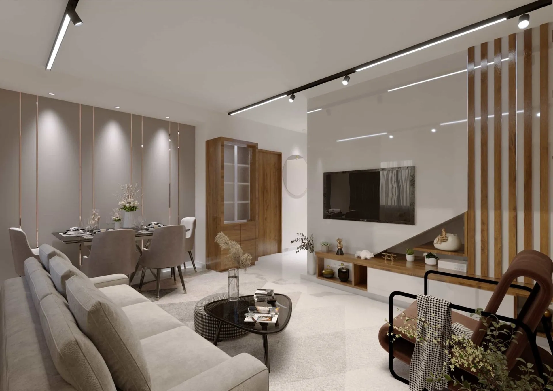 Living room with marble wall and floating shelves